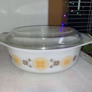 Pyrex Vntg WhiteTown & Country Covered Casserole with Yellow and Brown Accents